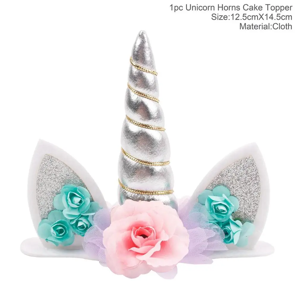 Silver Cake Topper Единорог тарелки с рисунком салфетки для стаканчиков набор посуды Единорог день рождения одноразовые партии посуда День Рождения украшения детей - Цвет: Silver Cake Topper