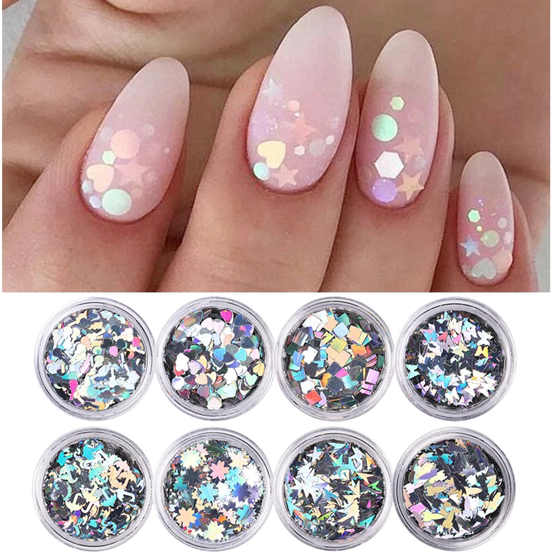 

1g Round Box Holographic Nail Sequin Irregular Butterfly Guitar Leaf Silver Sequins Flake 3D Nail Decorations for Gel Nails
