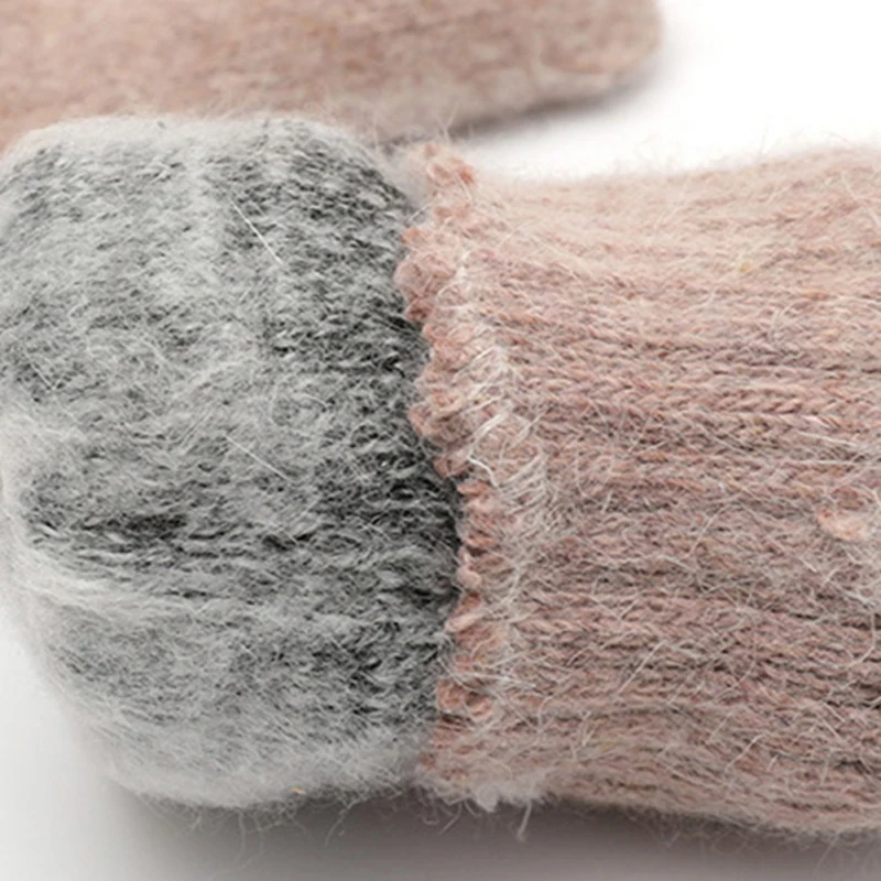Unisex Couples Winter Thicken Double Layer Rabbit Fur Gloves Ribbed Knitted Trim Solid Color Warm Mittens Wrist Warmer