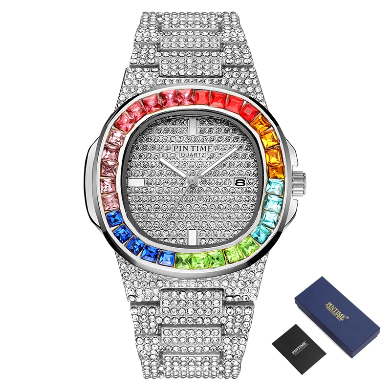 Мужские часы Топ бренд класса люкс алмаз Iced Out Бизнес Календарь Кварцевые часы мужские водонепроницаемые relogio masculino zegarek meski - Цвет: Silver With Box