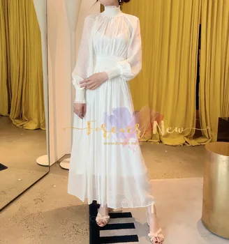 

2019 New Elegant Sexy Two-piece Set Sling Inside Turtleneck Long-sleeve Dots Lace White Dress Size S M L