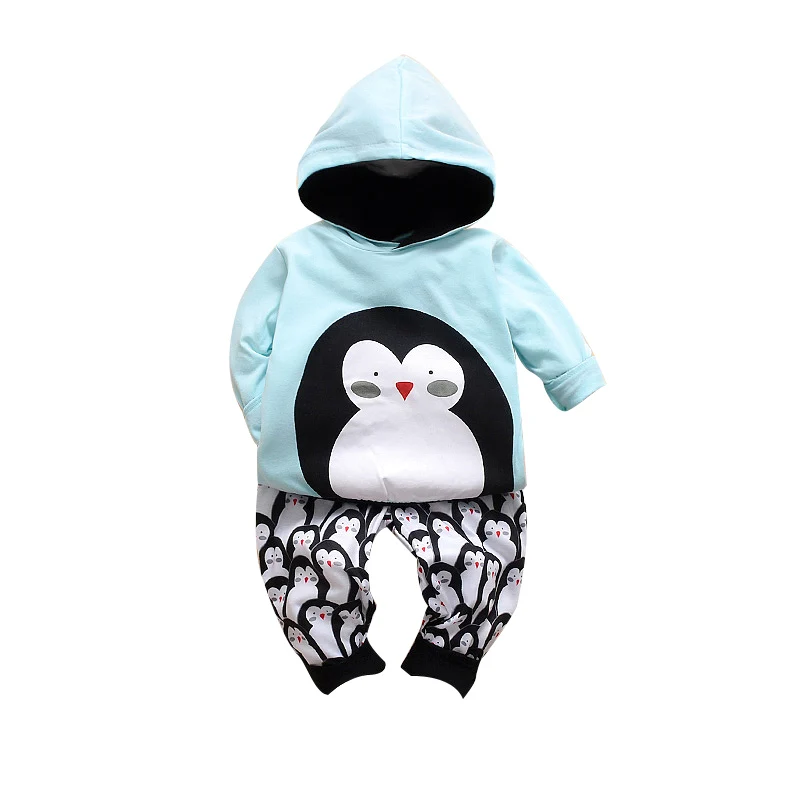 CANIS, осенне-зимняя одежда для малышей, топы с длинными рукавами и капюшоном с милым пингвином+ штаны, одежда из 2 предметов