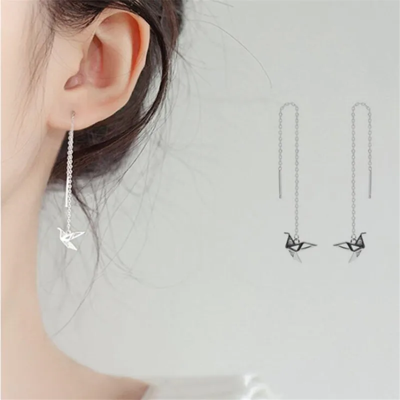 

New Fashion Creative Ear Line Temperament Sweet Lovely Thousand Paper Crane 925 Sterling Silver Jewelry Dangle Earrings SE934