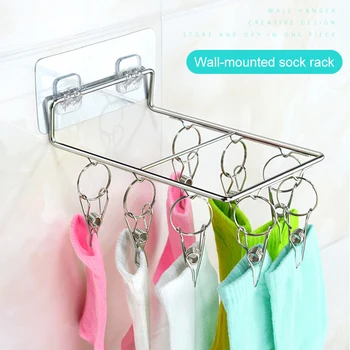 

Newly Punch-free Wall Hanging Socks Hanger Stainless Steel Underwear Socks Rack Towel Clip Drying Rack TE889