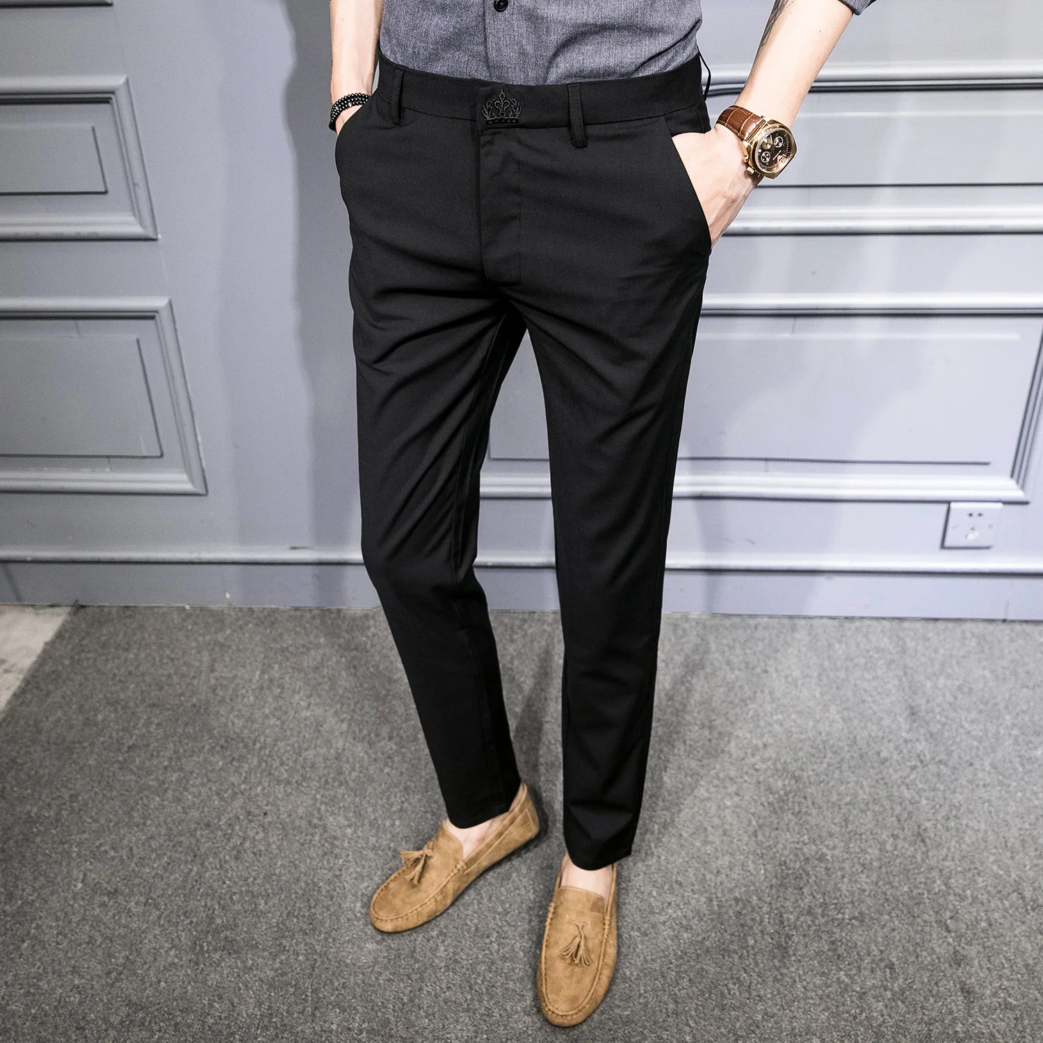 black trousers Осенние длинные штаны, трендовые брюки в западном стиле с вертикальным эффектом, брюки для отдыха, штаны для уличного бега - Цвет: black trousers