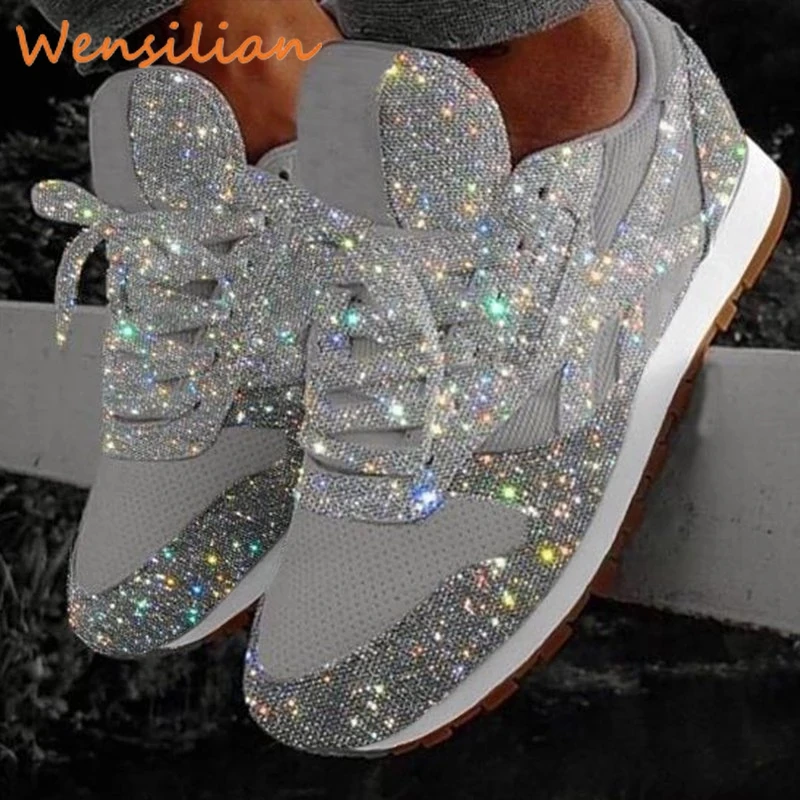 

Women Bling Sneakers Flat Ladies Vulcanized Trainers 2019 Autumn Casual Breathable Lace Up Sequin Outdoor Sport Running Shoes