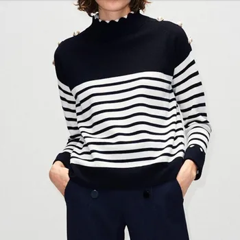 

Women's Knit Sweater Striped O-neck Pearl Buckle Long Sleeve Female Autumn Winter New Loose Wild Slim Knitwear Tops
