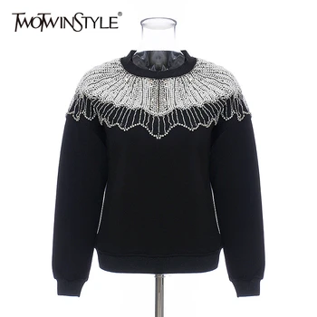 

TWOTWINSTYLE Black Patchwork Beading Women's Sweatshirts O Neck Long Sleeve Oversized Pullovers Female 2020 Autumn Fashion New