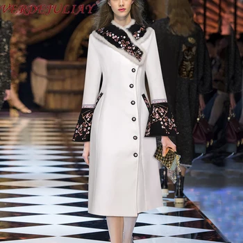 

VERDEJULIAY Autumn Winter Long Coat Fashion Runway New Women Flower Sleeve Flower Embroidery White Hairy High Quality Top
