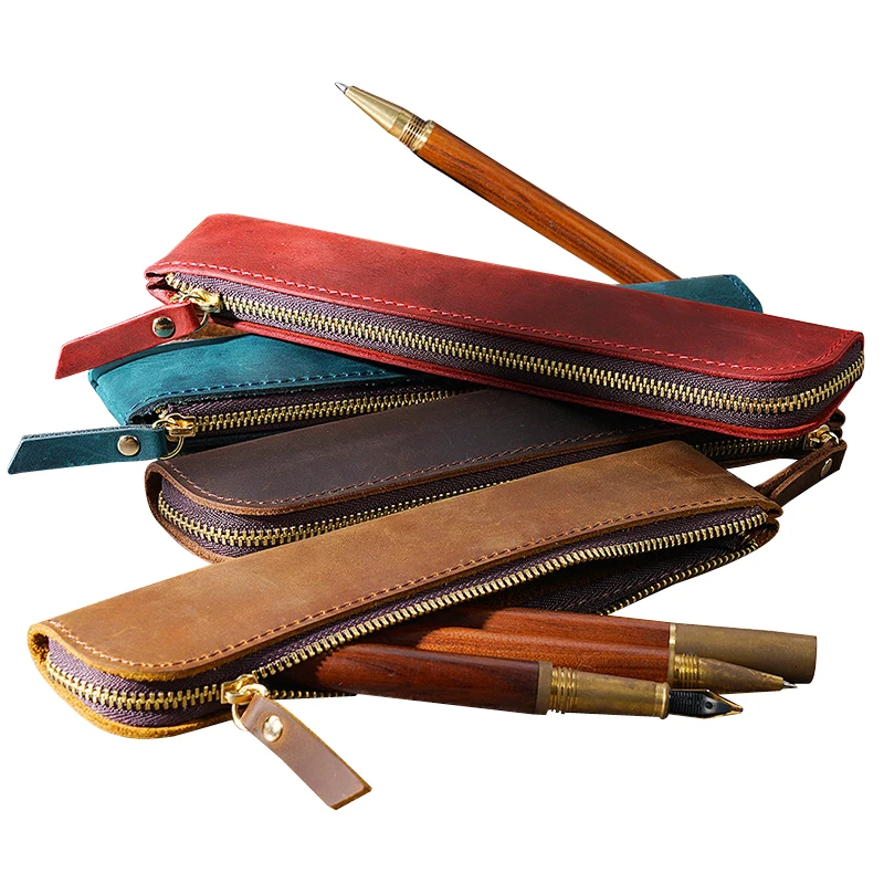 Genuine Cowhide Zipper Pencil Case Retro Leather Pen Bag Storage Pouch for Pens Stationery School Office Supplies 20*4.5cm images - 6