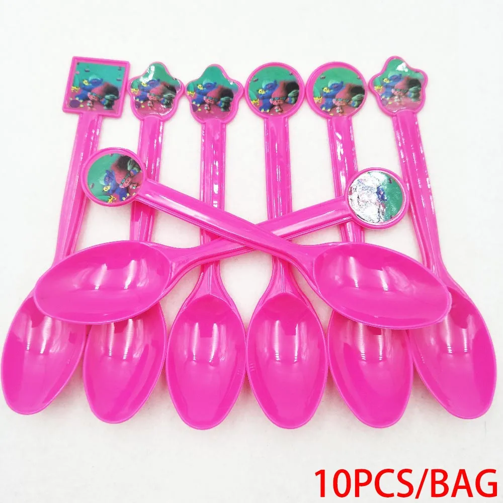 Spoon 10pcs 40 шт./компл. тема чашки/пластина/салфетка с героями мультфильма «тролли» вечерние принадлежности для девочек вечерние украшения предметы для вечеринки, сувениры вечерние украшения - Цвет: Spoon 10pcs