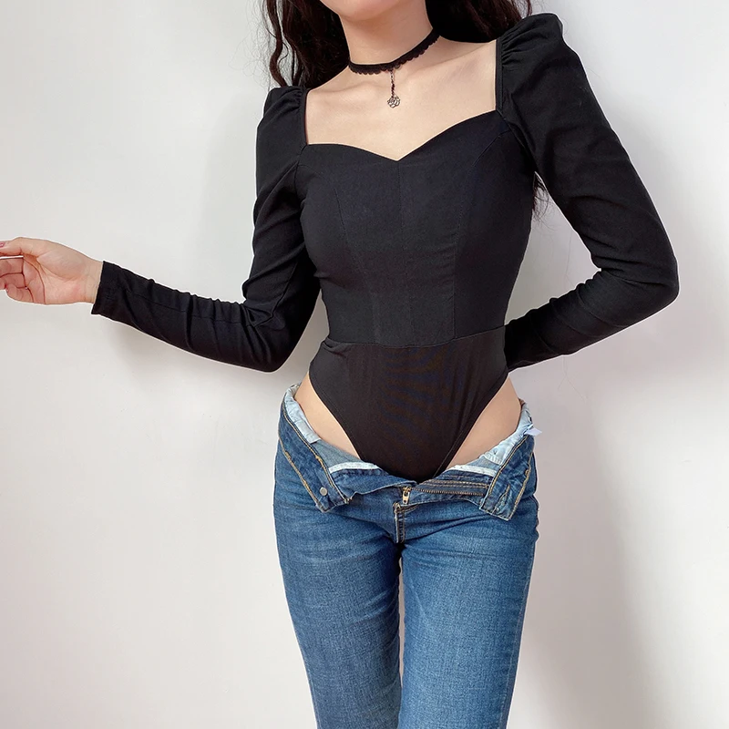 Black Bodysuits Rockmore Harajuku элегантная женская футболка с глубоким v-образным вырезом Сексуальная уличная Женская Корейская футболка с длинным рукавом облегающие шикарные футболки топы Базовая футболка - Цвет: Black Bodysuits