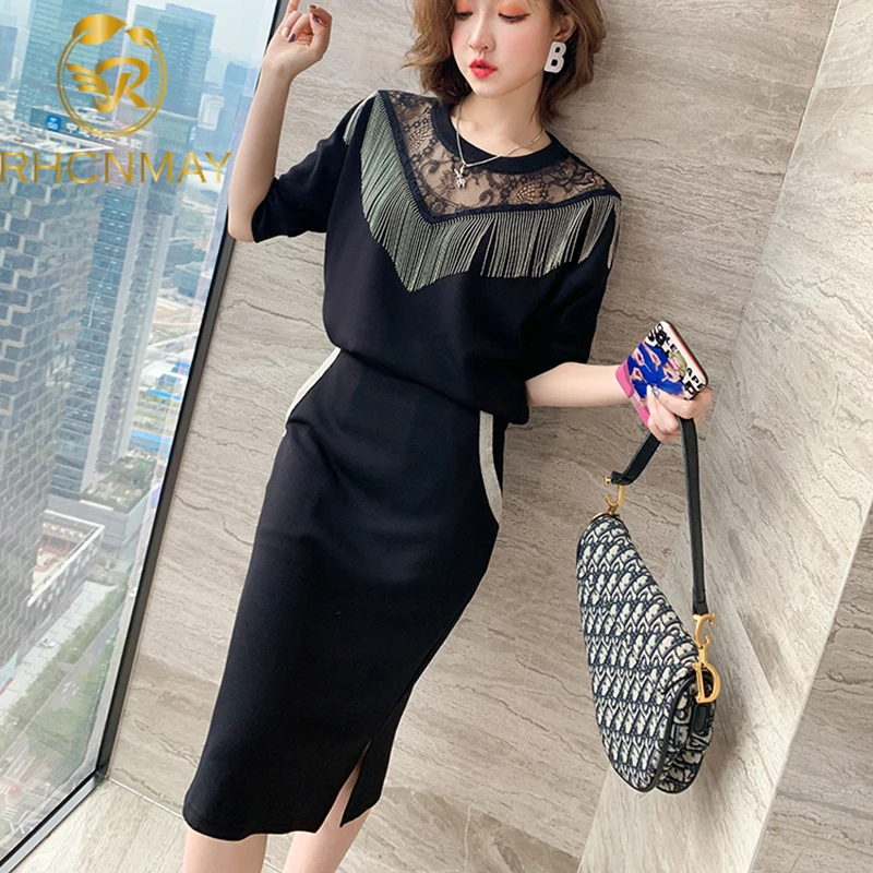 New 2020 Summer Women's 2 PCS Set Fashion Tassel Lace Patchwork Shirt + Knee Pencil pocket Skirt OL Suits New 2020 Summer Women's 2 PCS Set Fashion Tassel Lace Patchwork Shirt + Knee Pencil pocket Skirt OL Suits