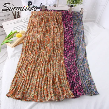 

Surmiitro Spring Summer Long Skirt Women 2020 Ladies Korean Vintage Floral Print High Waist Sun School Pleated Maxi Skirt Female