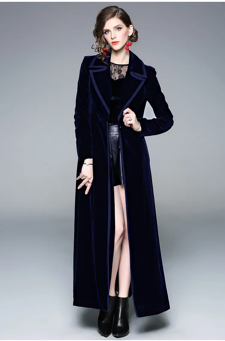 Women Velvet Long-coat Fashion Autumn New Long-sleeved coat Casual Overcoat Trench Coat Navy Office Lady Loose Windbreaker
