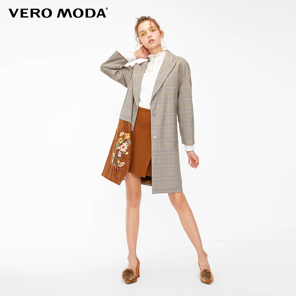 Vero Moda женское клетчатое длинное пальто контрастных цветов с вышивкой | 318409506