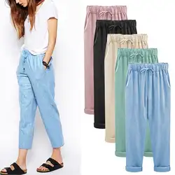 Для женщин Повседневное свободные хлопковые льняные брюки Femme Blusas эластичная кулиска на талии и штаны комплект летней одежды тонкий карман