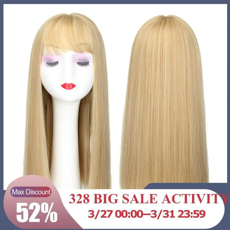 

18" Long Synthetic Straight Hair with Bangs Pink Brown Black Gray Gold Heat Resistant Hair Wigs for Women