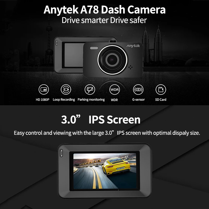 Автомобильный видеорегистратор Anytek A78 3 0 дюйма регистратор вождения 1080P HD G датчик