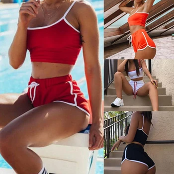 

Women Fashion Sexy 2Pcs Yoga Suit Workout Sports Sling Neck Bra Vest + Short Pants Athletic Sets