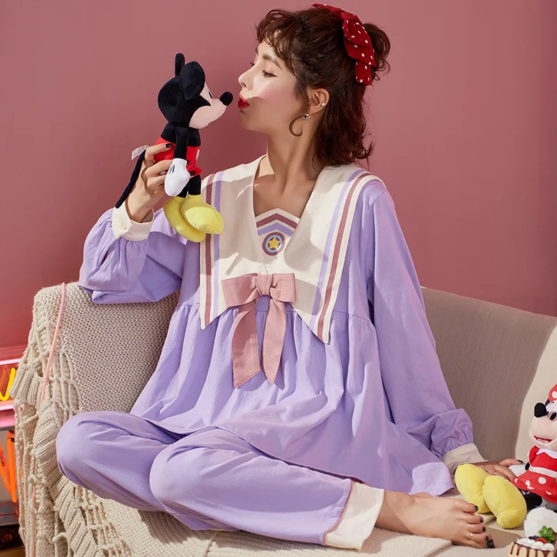 

New Autumn Sweet Cotton Pajamas Women Long-sleeved Trousers Ladies Two-piece Suit Home Pijama Mujer Sleepwear Nightwear