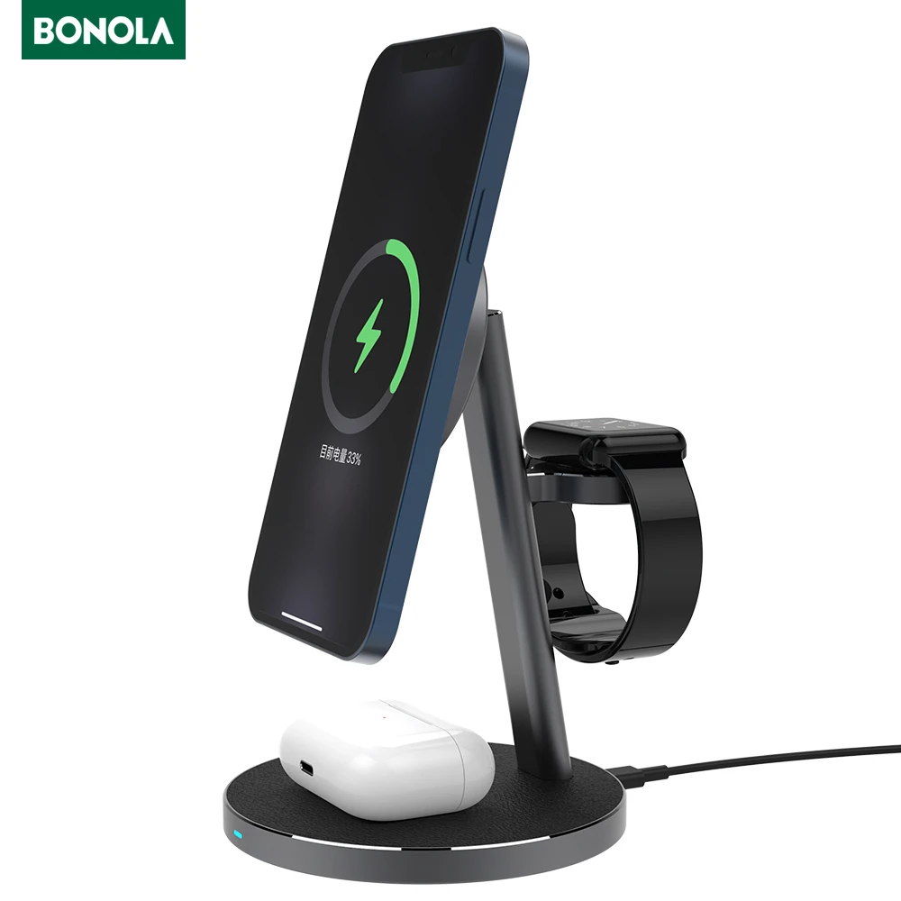 Bonola Magnetic Wireless Charger Stand 3 in 1 for MagSafe iPhone 12 Pro Max/Mini/Airpods Pro/Apple Watch Dock Station Charging