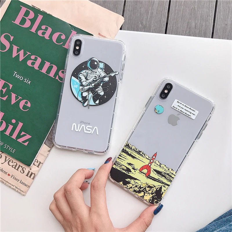 

Cartoon Rocket Transparent Soft Shell for iPhone 6 6s 6sPlus 7 7Plus 8 8Plus X XS XR XS Max Astronaut Mobile Shell