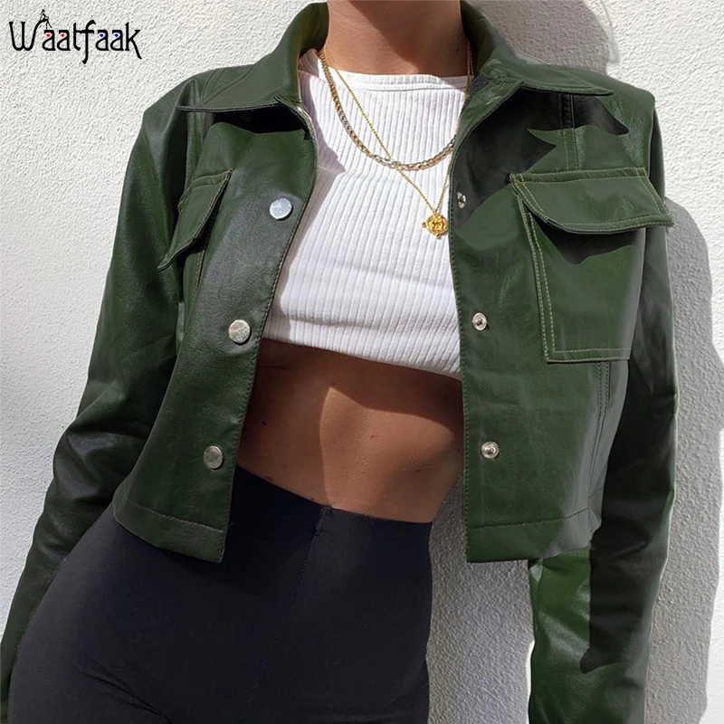 

Waatfaak Slim Pu Leather Jacket Women Winter Bomber Jacket Ladies Autumn Coat Casual Pockets Single Button Green Turn-down Coat