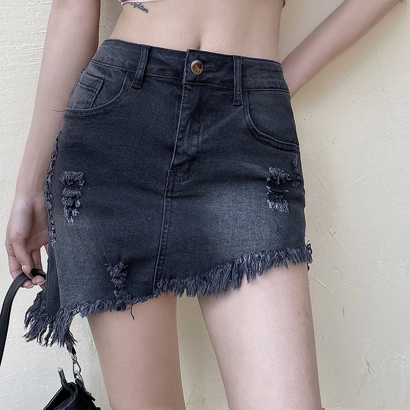 Women's Summer Hole Denim Basic Pocket Jeans Skirt 2019 Casual Slim Mid Waist Light Distressed Mini A-Line Skirt Pencil Skirt 96 hole pencil