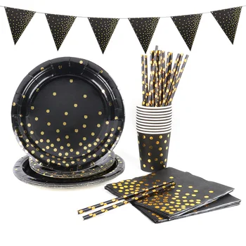 

Black gold themed party Birthday party decorations or Baby shower Dinnerware cups plates napkins and tablecloth nice pull flags