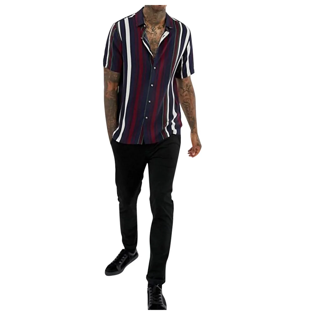 Мужские рубашки с коротким рукавом с разноцветными асимметричными полосками на пуговицах, Мужская блузка, высокая емкость#3
