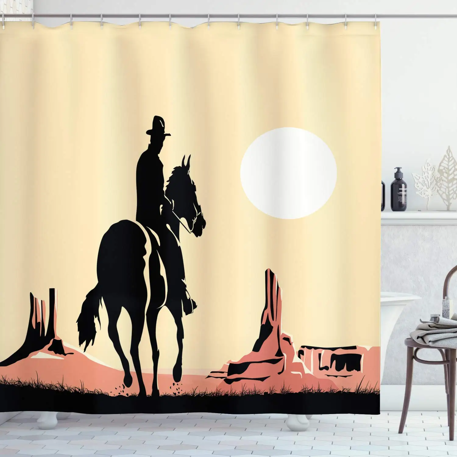 Sunset Scenery Desert Camel Waterproof Fabric Shower Curtain Set Bathroom Hooks