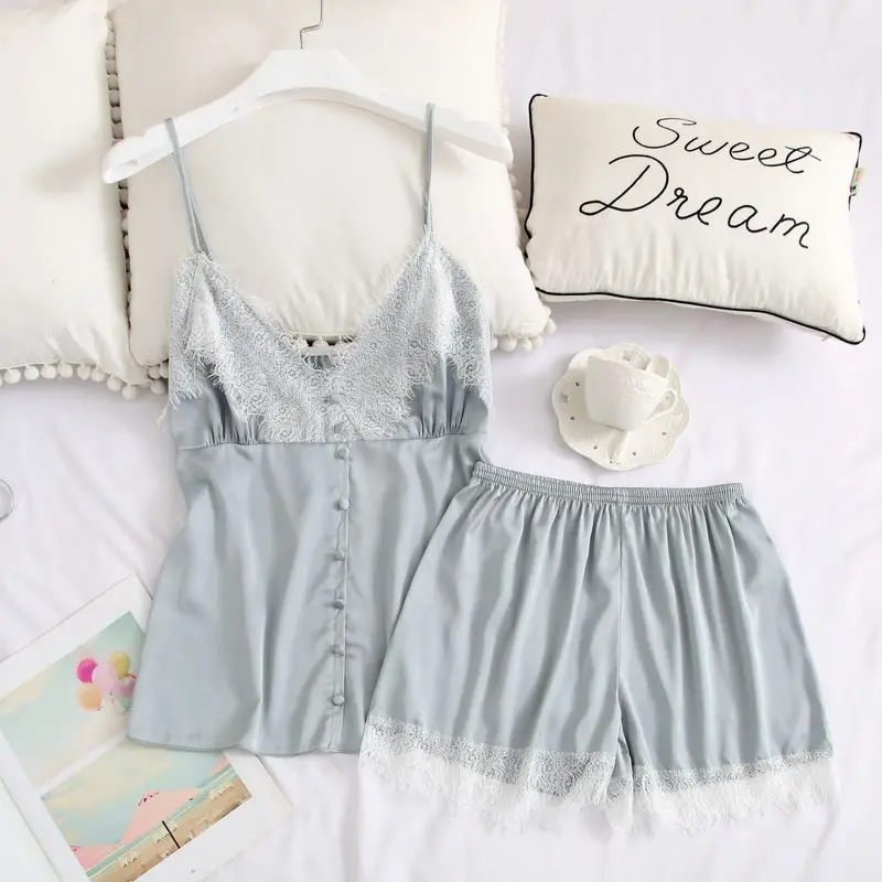 Autumn Pyjamas Women Sexy Female Lace Silk 2 Pcs Pijama Set Satin Sleepwear Night Suit for Women V-neck Loungewear Pajama