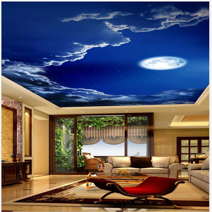 Painting style romantic night sky moon ceiling mural 3D Living Room