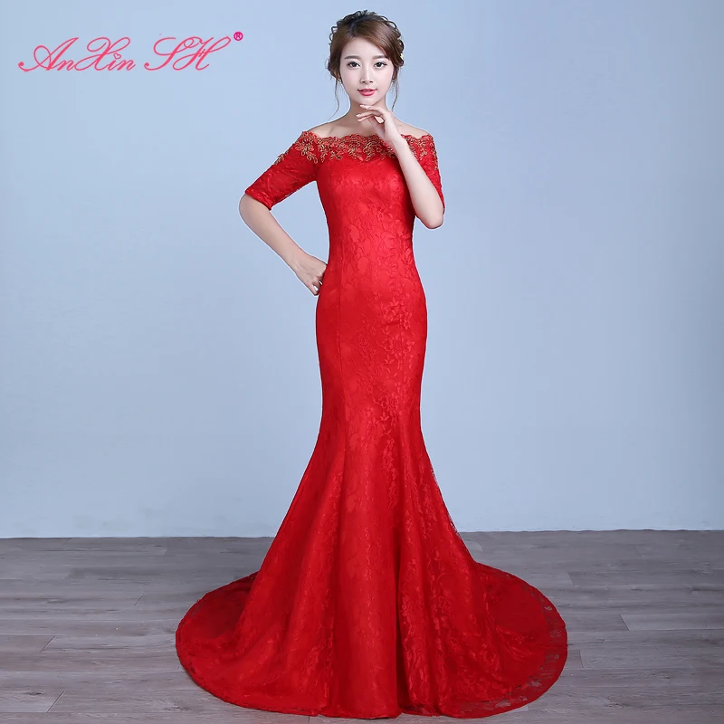 

AnXin SH princess red flower lace mermaid wedding dress boat neck half sleeve red trumpet court train white lace wedding dress