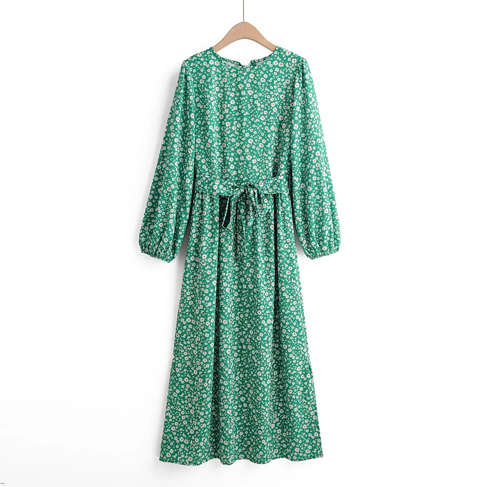 

2019 Autumn WOMEN'S Dress Western Style New Style Versatile Slimming Floral-Print Lantern Sleeve Belt Slit Dress