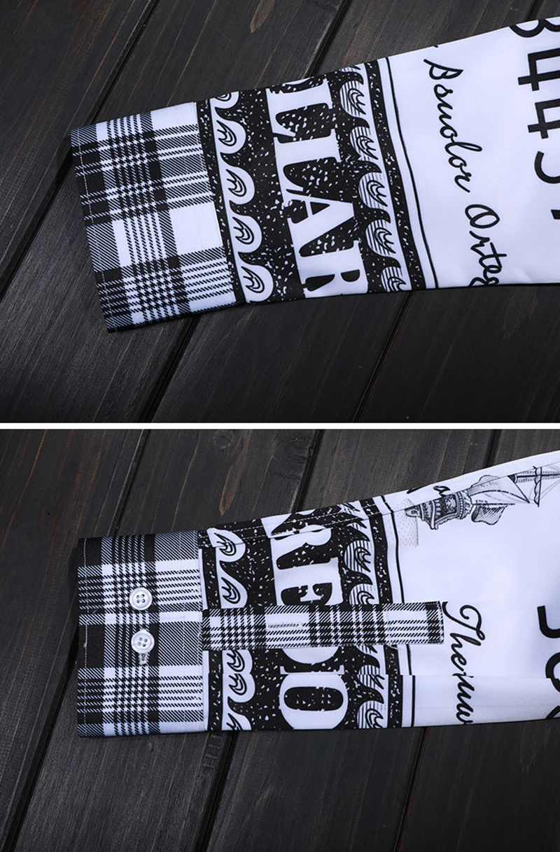 Letters Pattern Black Print White Shirts Men Long Sleeve Turn-down Collar Shirt Fashion Slim Fit Male Clothing Streetwear