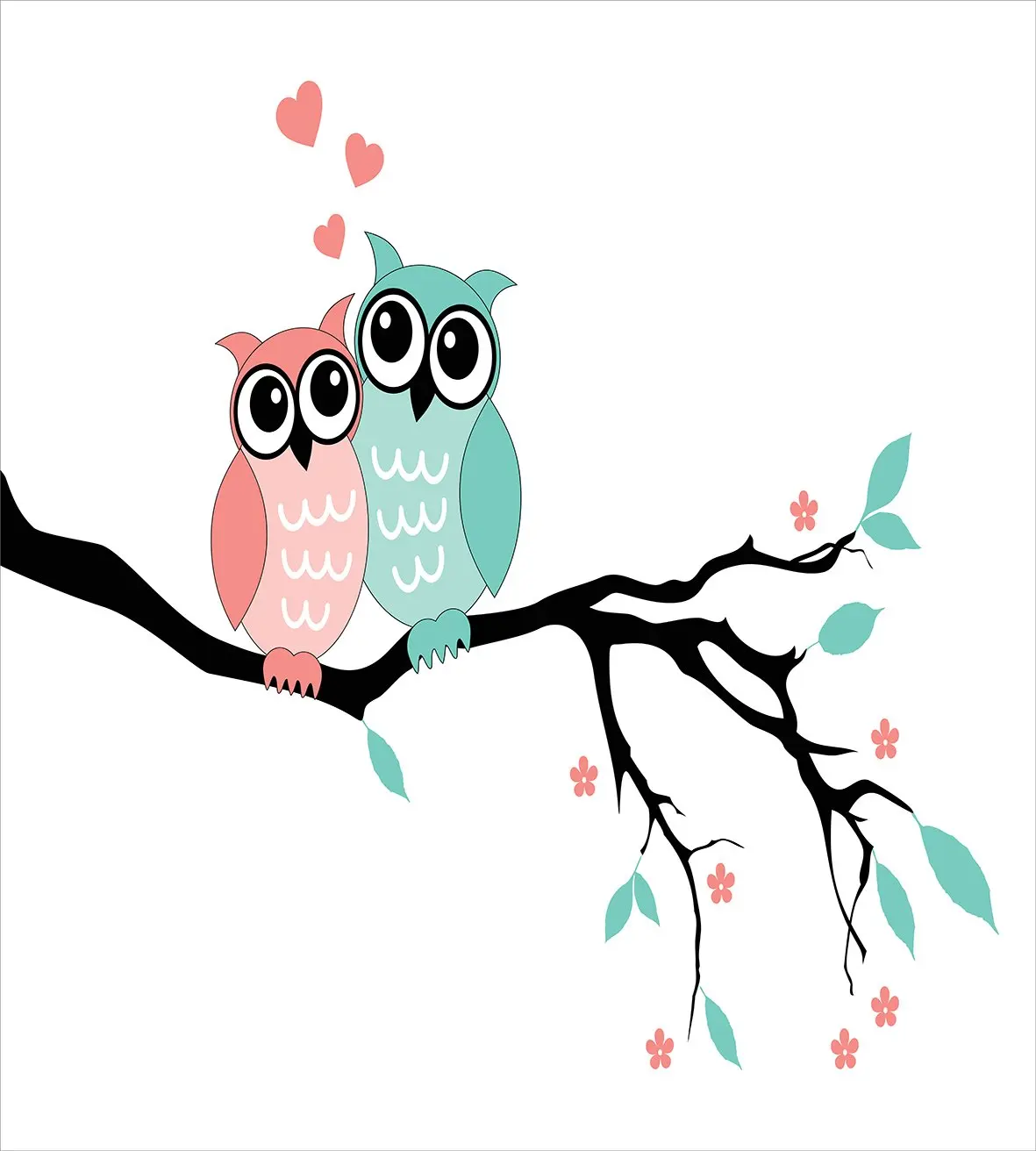 Teal and White Duvet Cover Set Owl Couple Sitting on Tree Branch Valentines Romance Love Decorative 3 Piece Bedding Set