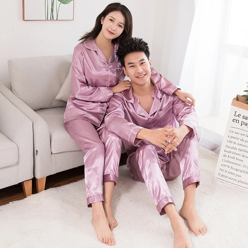 best mens pajamas Silk Men Pajamas Set two-piece Solid Color Fashion Men's Long-Sleeved Trousers Couples Long Sleeve Suit Casual Home Clothing mens pjs set