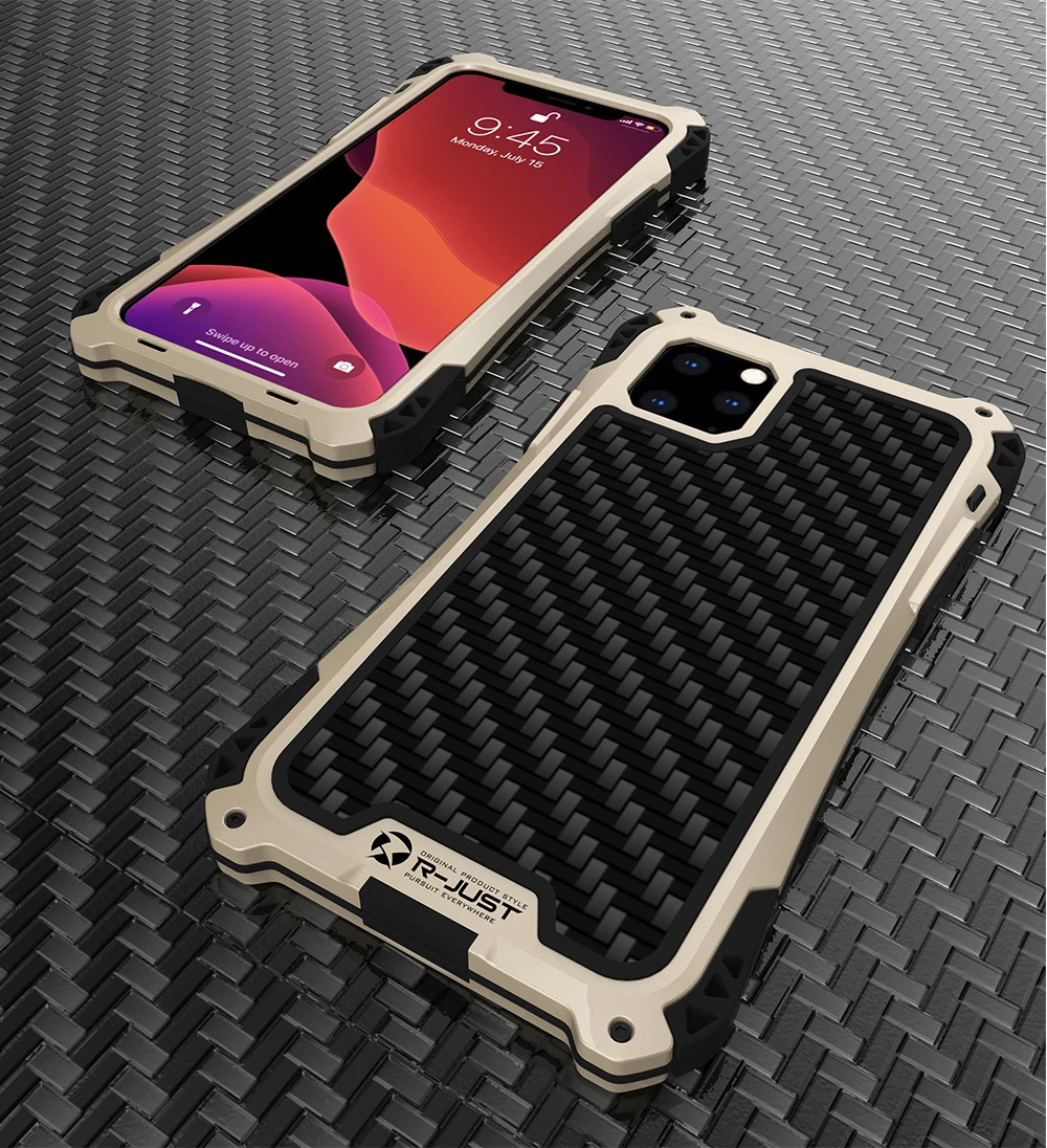 Для iPhone 11 PRO Max XR XS Max R-JUST AMIRA ударопрочный металлический/алюминиевый защитный чехол из углеродного волокна+ закаленное стекло
