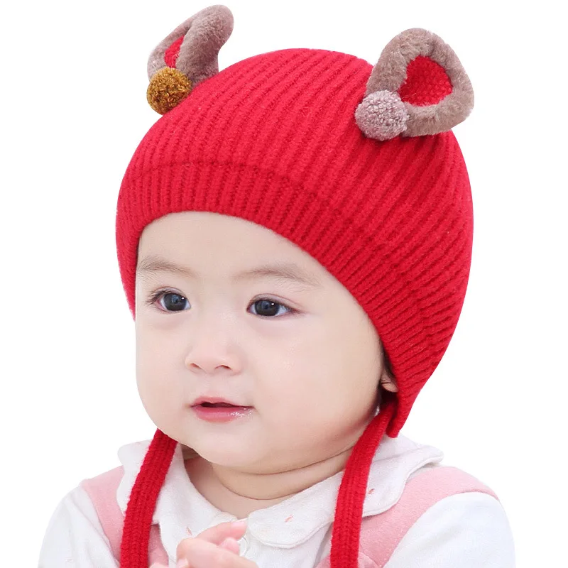 Осенне-зимняя детская шапка с двойным меховым шариком, вязаные шапки для младенцев, милые однотонные Непродуваемые шапки для новорожденных, Детские реквизиты для фотосъемки, Новинка - Цвет: R