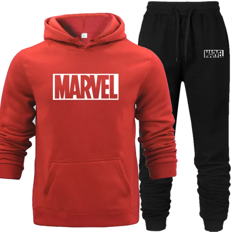 

2019 Cotton Hoodie+Pants Men Casual MARVEL Print Keep Warm In Autumn Fashion Sporting Thermal MenSweatshirts Sport Suit Blue Red