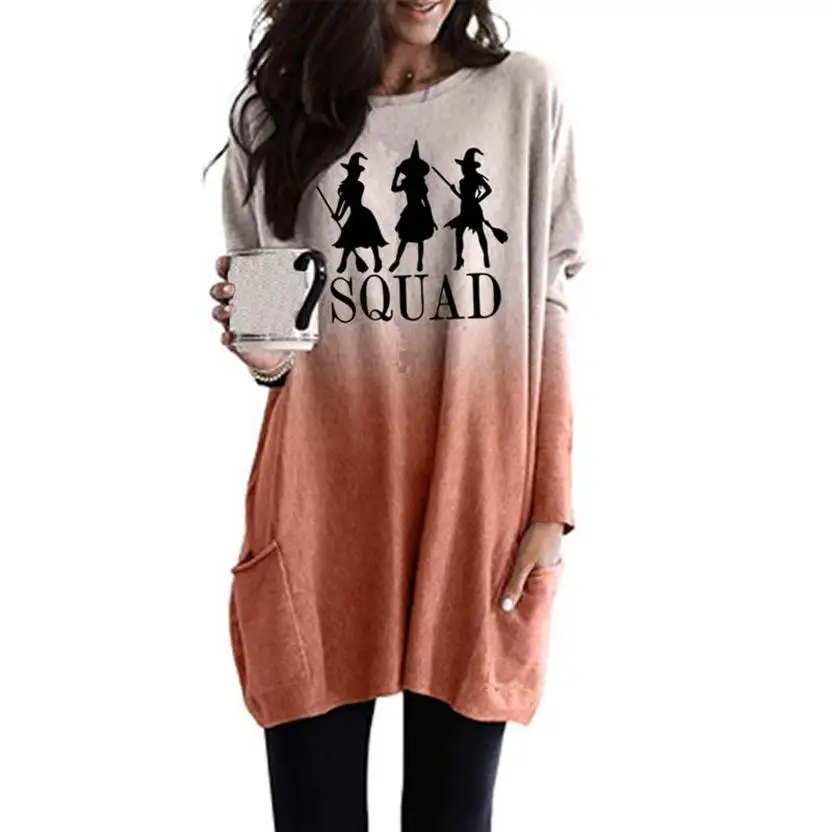 New Fashion Squad Letters Print Gradient Long Sleeve Pocket T-Shirt T-Shirt For Women Women Tops Cropped Plus Size