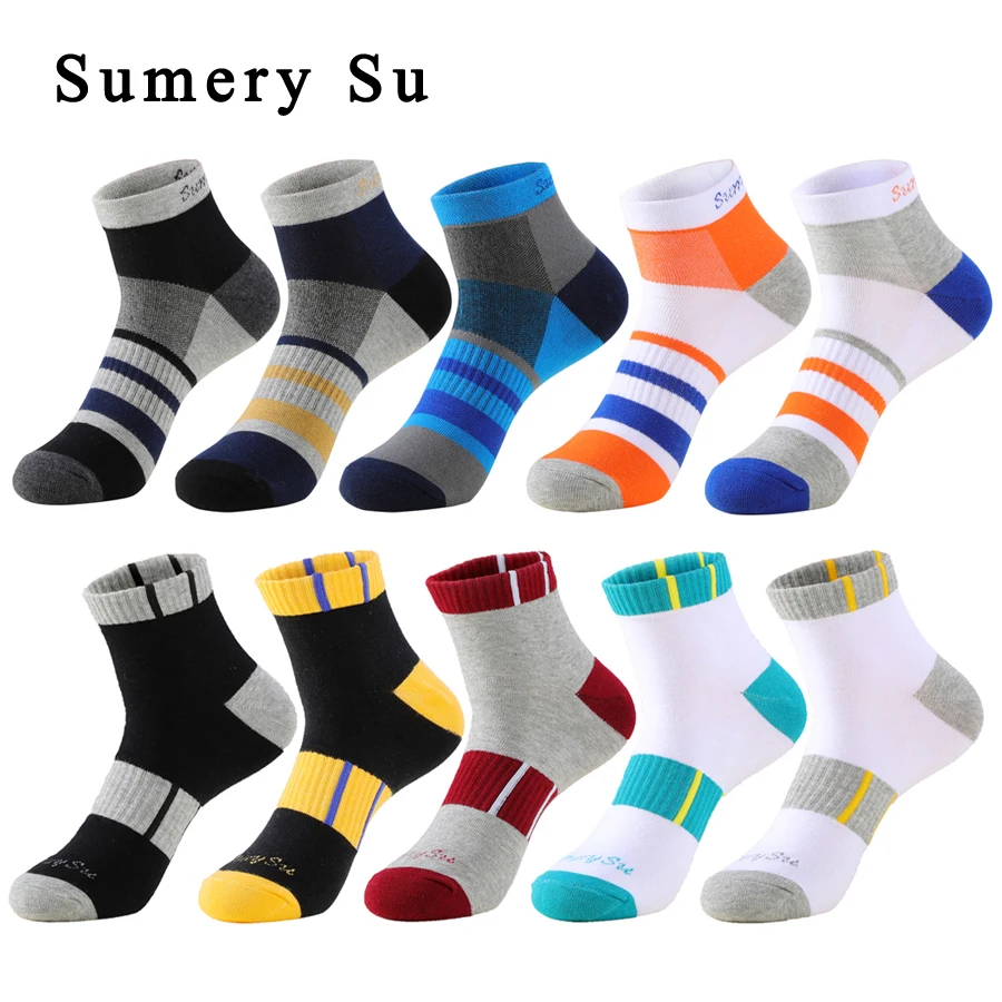 5 Pairs/Lot Sport Socks Men Running High Quality Cotton Colorful Stripe Summer Short Ankle Gym Athletic Outdoor Travel Casual