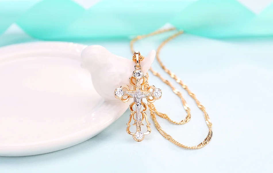 LADYCHIC Модные женские AAA циркон крест кулон золотой цвет Медь Кристалл Крест Иисуса Подвески ожерелье хип хоп ювелирные изделия LN1060
