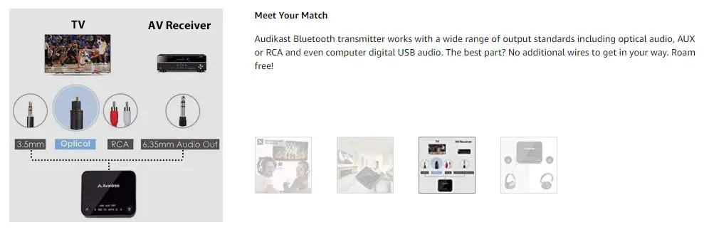 Avantree Audikast aptX с низкой задержкой Bluetooth аудио передатчик для ТВ ПК(оптический цифровой Toslink, 3,5 мм Aux, RCA, PC USB) 100ft