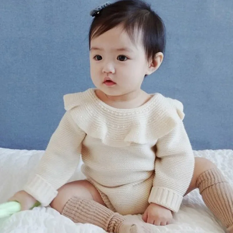 

INS Hot Selling Spring And Autumn Infant Knit Triangle Crawling Clothes Large Ruffled Collar Long Sleeve Onesie Baby Cotton One