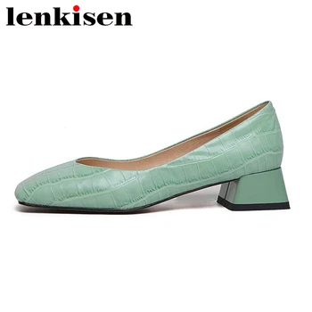 

Lenkisen mature genuine leather square toe med heel shoes women simple design beauty lady dating shallow slip on women pumps L36