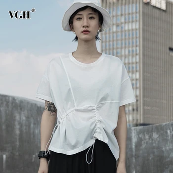 

VGH Casual Loose Drawstring Women T-shirt O Neck Short Sleeve Asymmetrical Ruched Minimalist Style T Shirt Female Fashion Spring