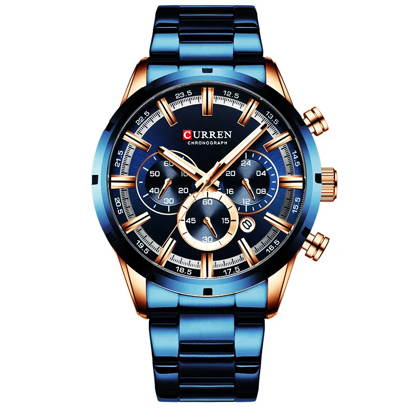 blue blue CURREN, спортивные часы, мужские, водонепроницаемые, из нержавеющей стали, с датой, мужские часы,, брендовые, Роскошные, мужские часы, Топ бренд, Роскошный хронограф - Цвет: blue blue